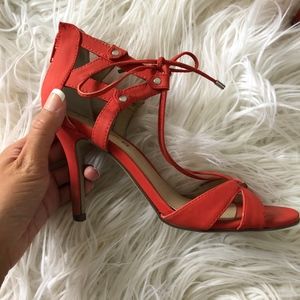 Burnt orange tie heels with zip up back